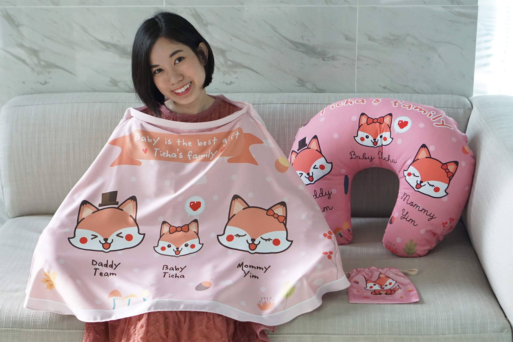 ชุดของขวัญเด็กแรกเกิด NP2 ผ้าคลุมให้นม + หมอนรองให้นม ลาย Fox - Pink