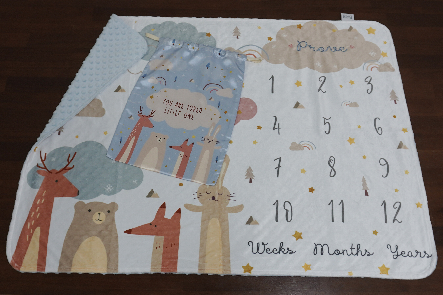 ผ้าห่ม Minky ลาย Woodland - Milestone 75x100cm แบบปักชื่อ ด้านหลังสีฟ้า