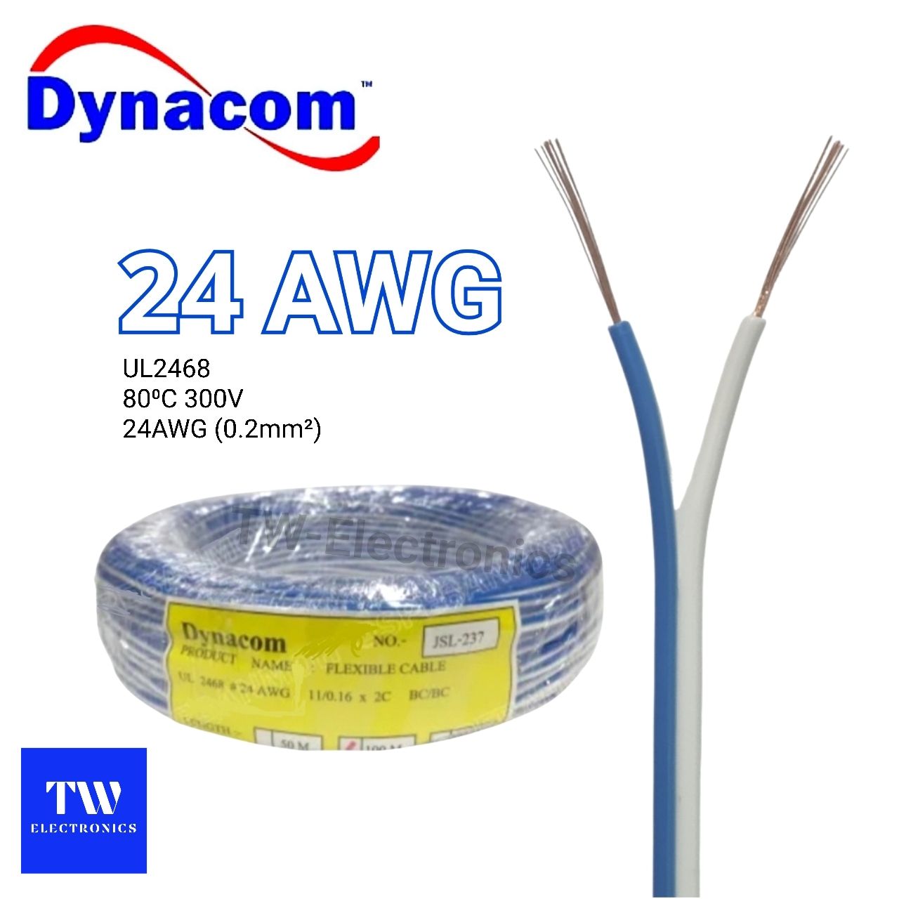สายไฟคู่24AWG Dynacom / สีขาว+ฟ้า