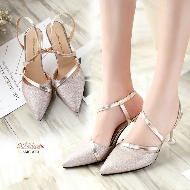รองเท้าส้นสูงสายไขว้กลิตเตอร์ (สีทอง)