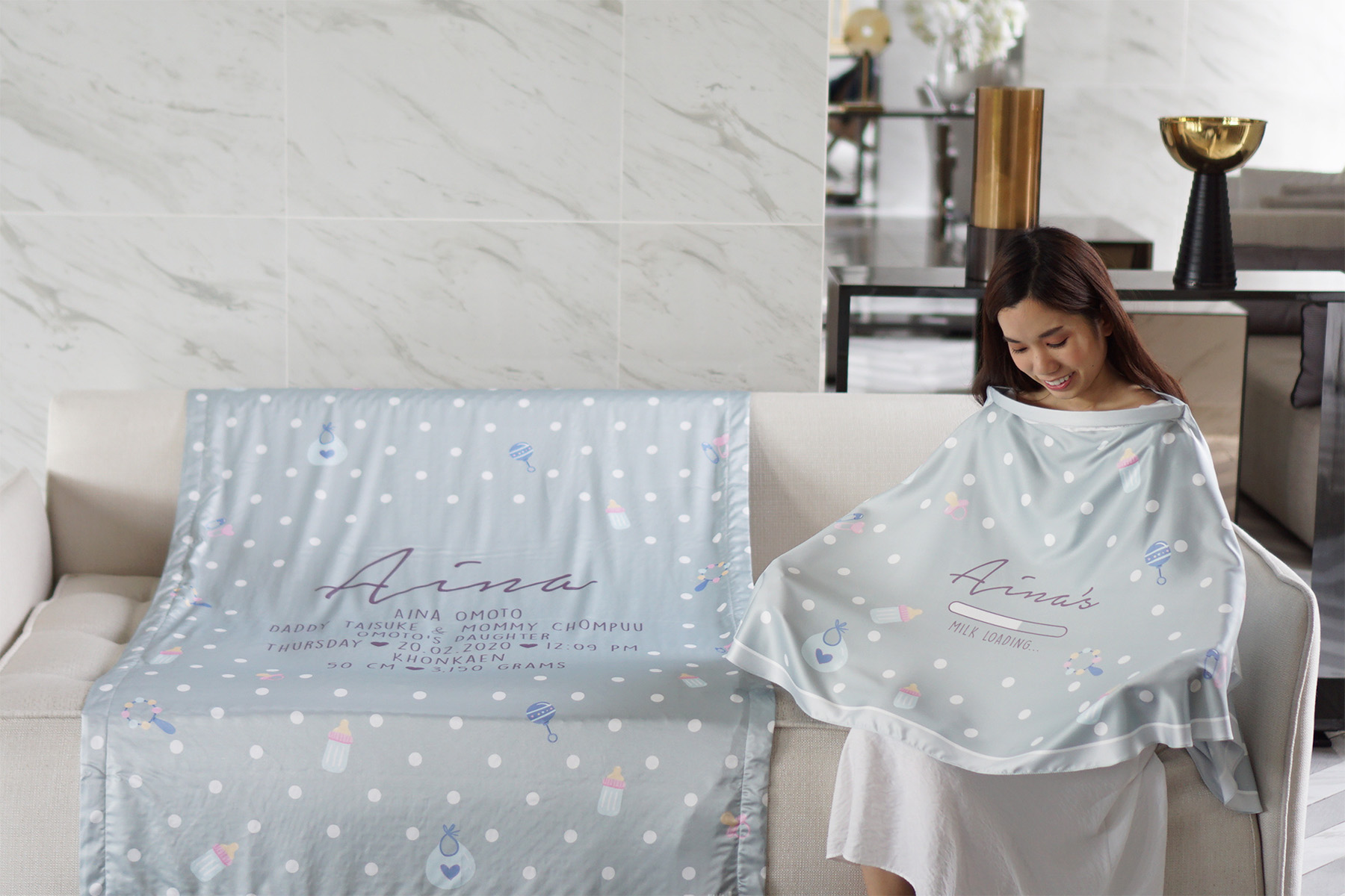 ชุดของขวัญเด็กแรกเกิด ผ้าคลุมให้นม + ผ้าห่มขนาด 100x150cm ลาย Polka dot - Milk Green