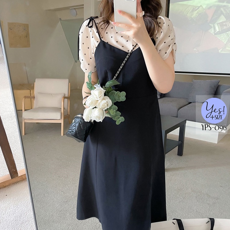 ชุดเซ็ท 2 ชิ้นสาวอวบอก 40-50 นิ้ว เสื้อสีครีมลายจุดดำ+เดรสสายเดี่ยว สีเขียว/สีดำ YPS-096