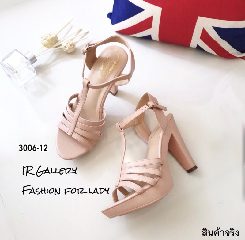 รองเท้าส้นสูงหน้าสาน T-Strap (สีชมพู)