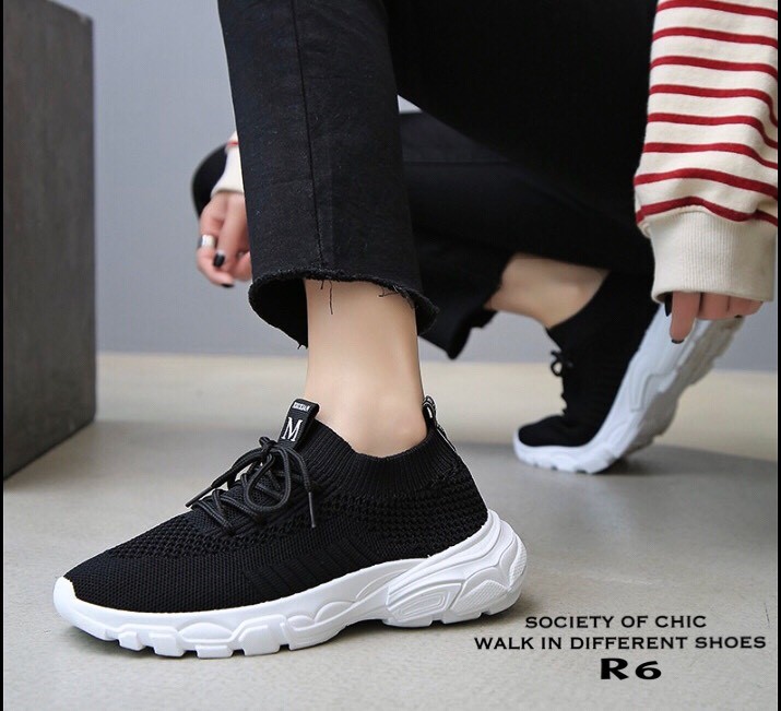 รองเท้าผ้าใบแฟชั่นขอบถุงเท้าสไตล์ Sport (สีชมพู)