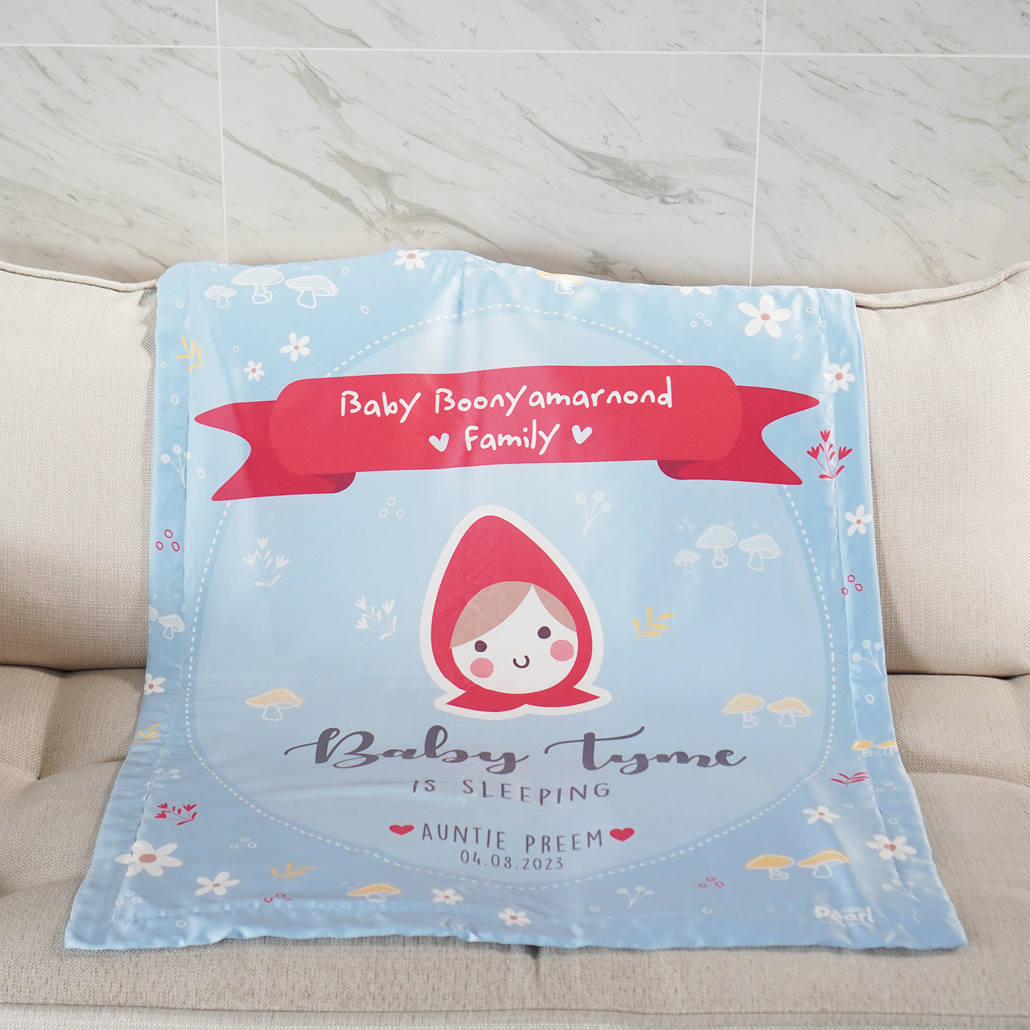 ผ้าห่มเด็ก สั่งทำใส่ชื่อ ลาย Little Red Riding Hood - Blue