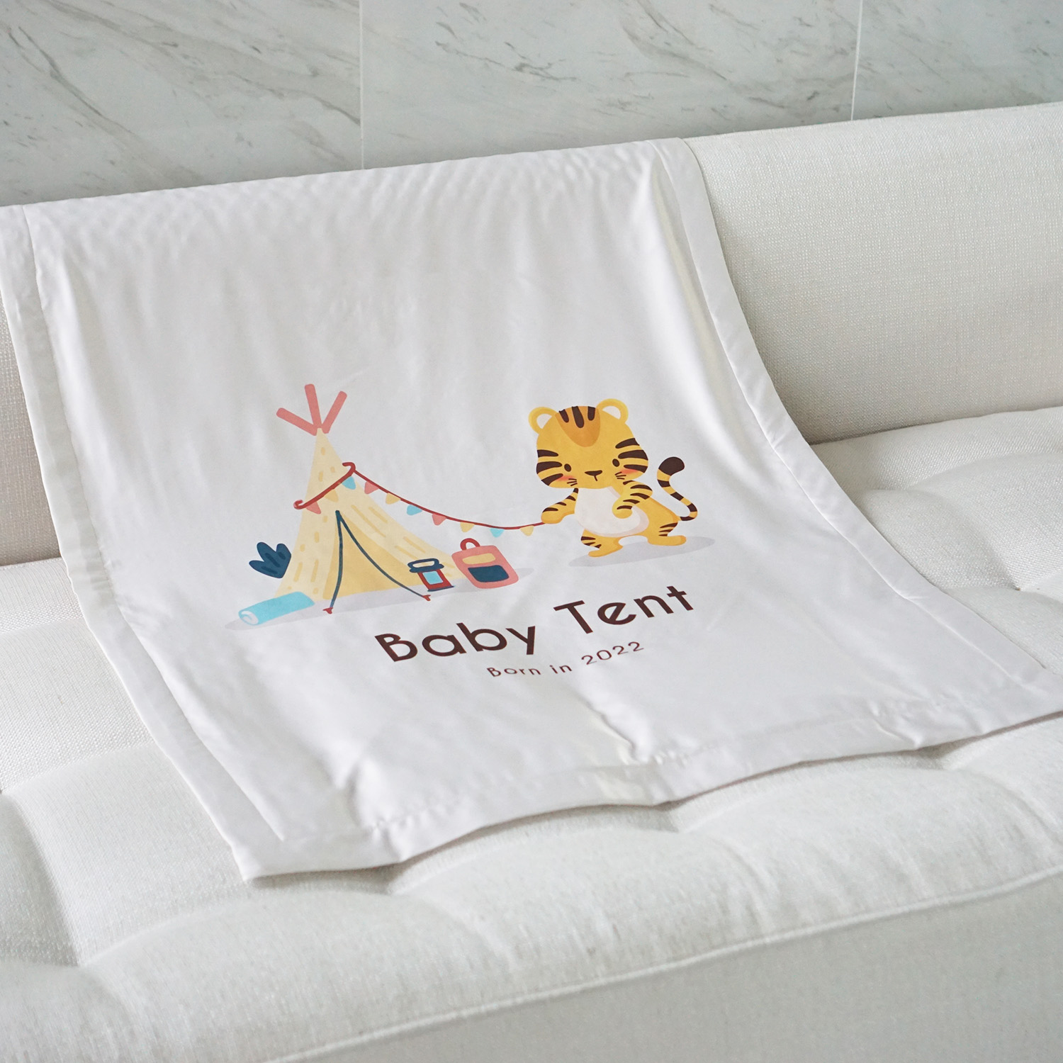 ผ้าห่มเด็ก สั่งทำใส่ชื่อ ลายเสือ ปีขาล Tiger with tent - Beige