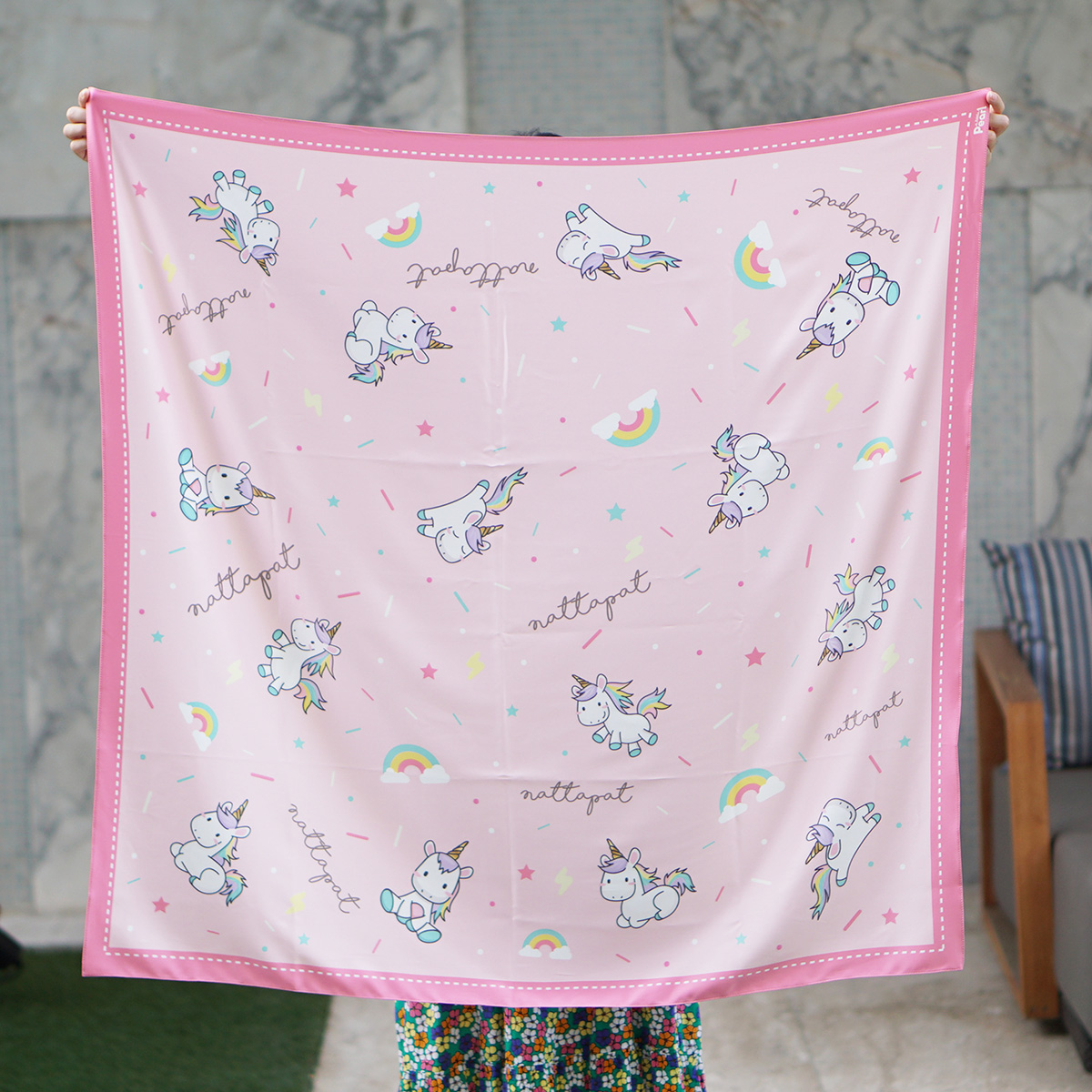 ผ้าพันคอ ลายยูนิคอร์น สีชมพู - Unicorn - Pink - สั่งทำใส่ชื่อ