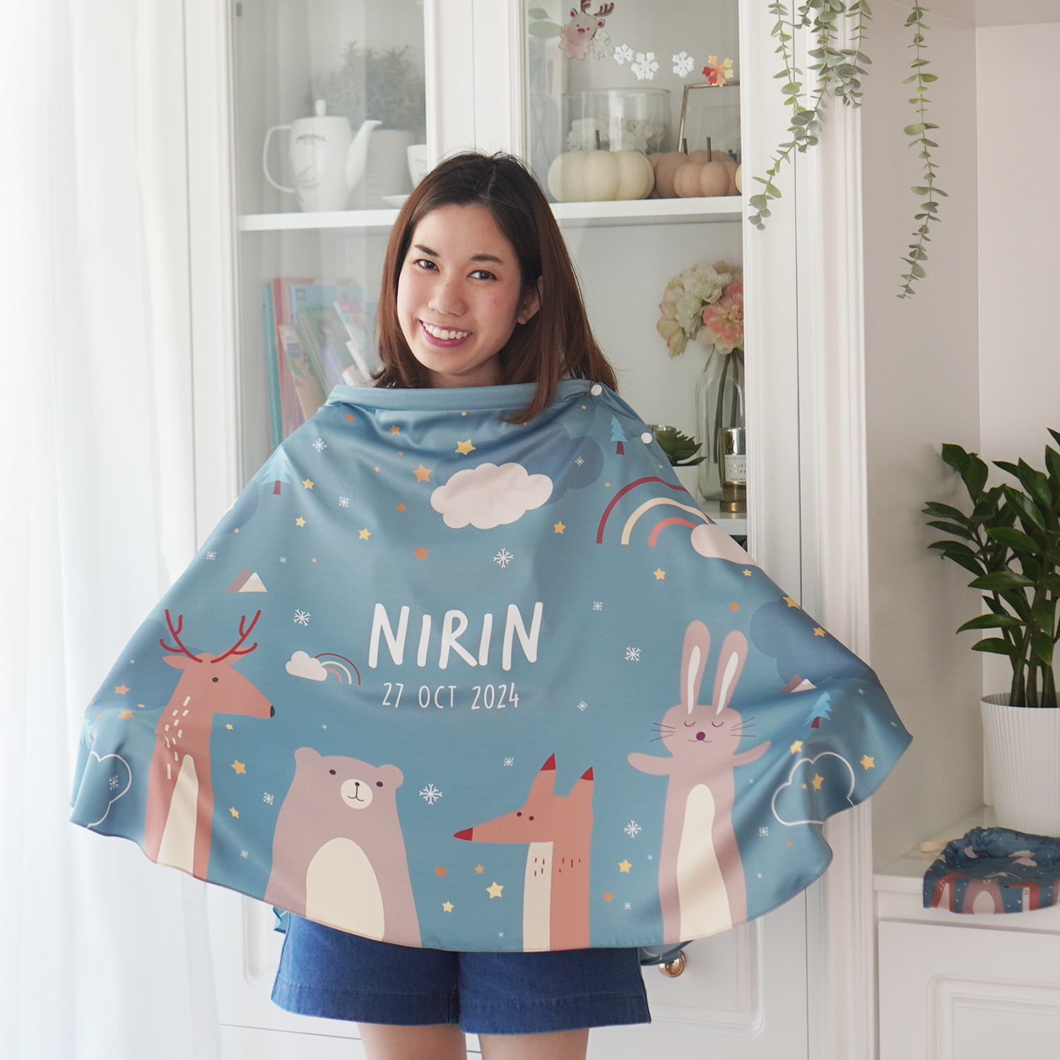 ผ้าคลุมให้นม 3in1 (รุ่นมีกระดุม ถอดโครงได้) แบบสั่งทำใส่ชื่อ ลาย Woodland - Midnight Green