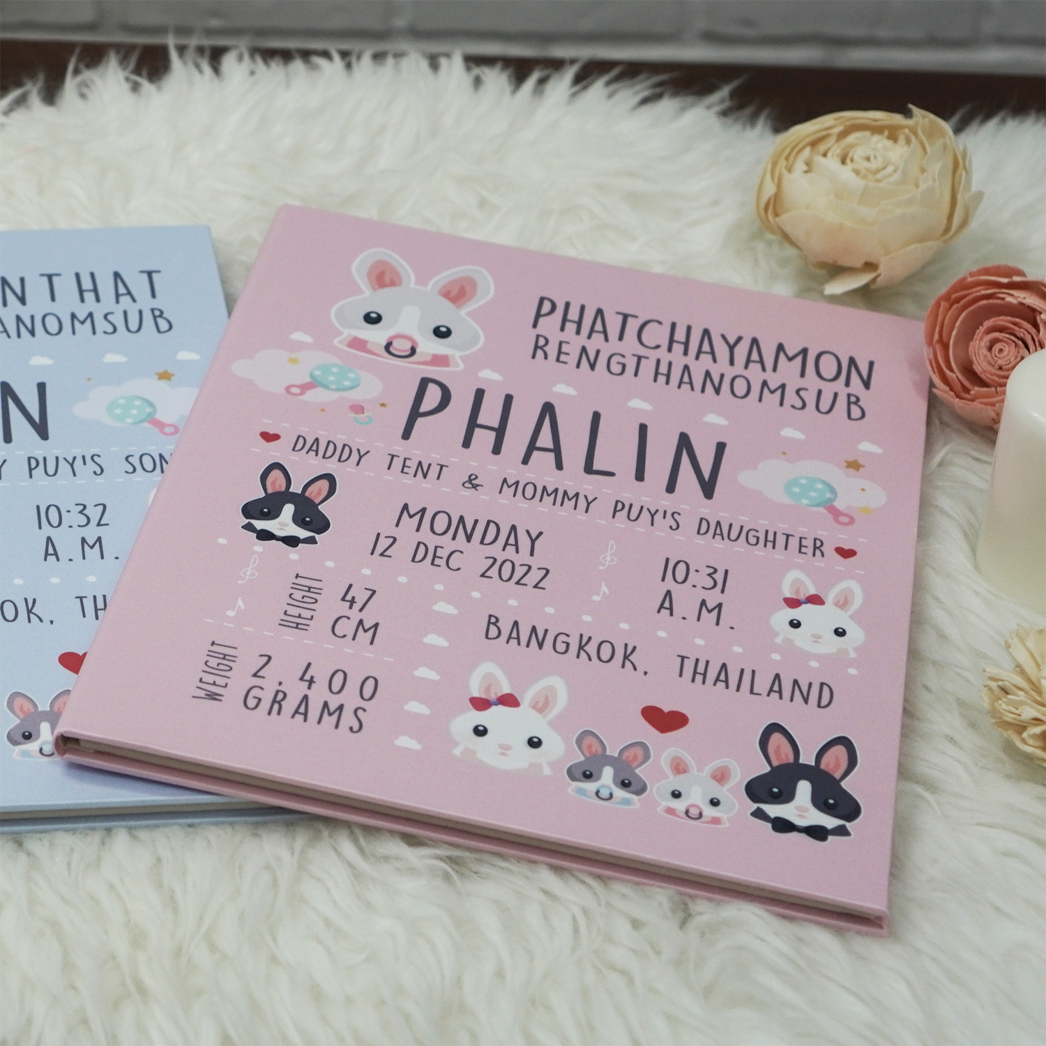 แฟ้มทะเบียนสมรส/สูติบัตร สั่งทำใส่ข้อความ ลาย Rabbit - Pink
