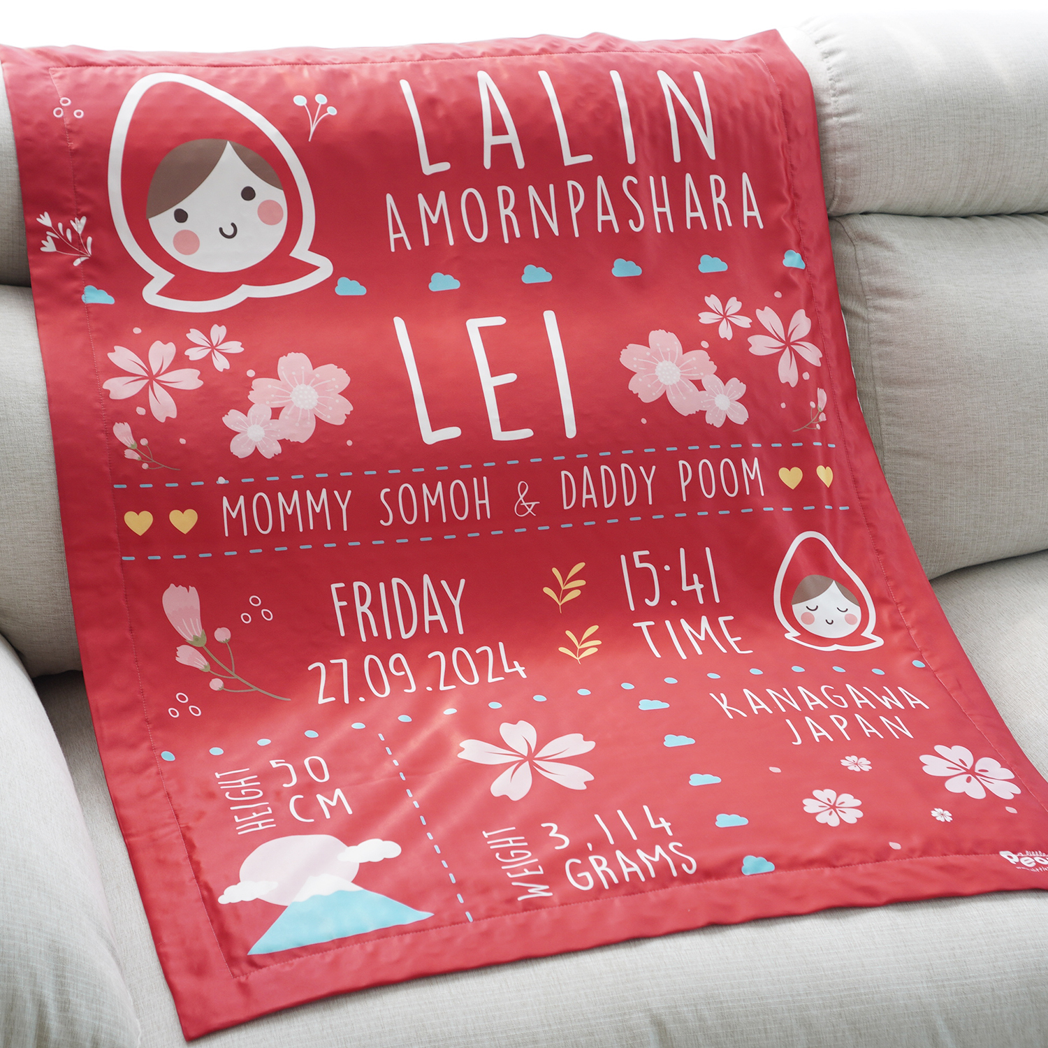 ผ้าห่มเด็ก ใส่ประวัติแรกเกิด ลาย Little Red Riding Hood - Red