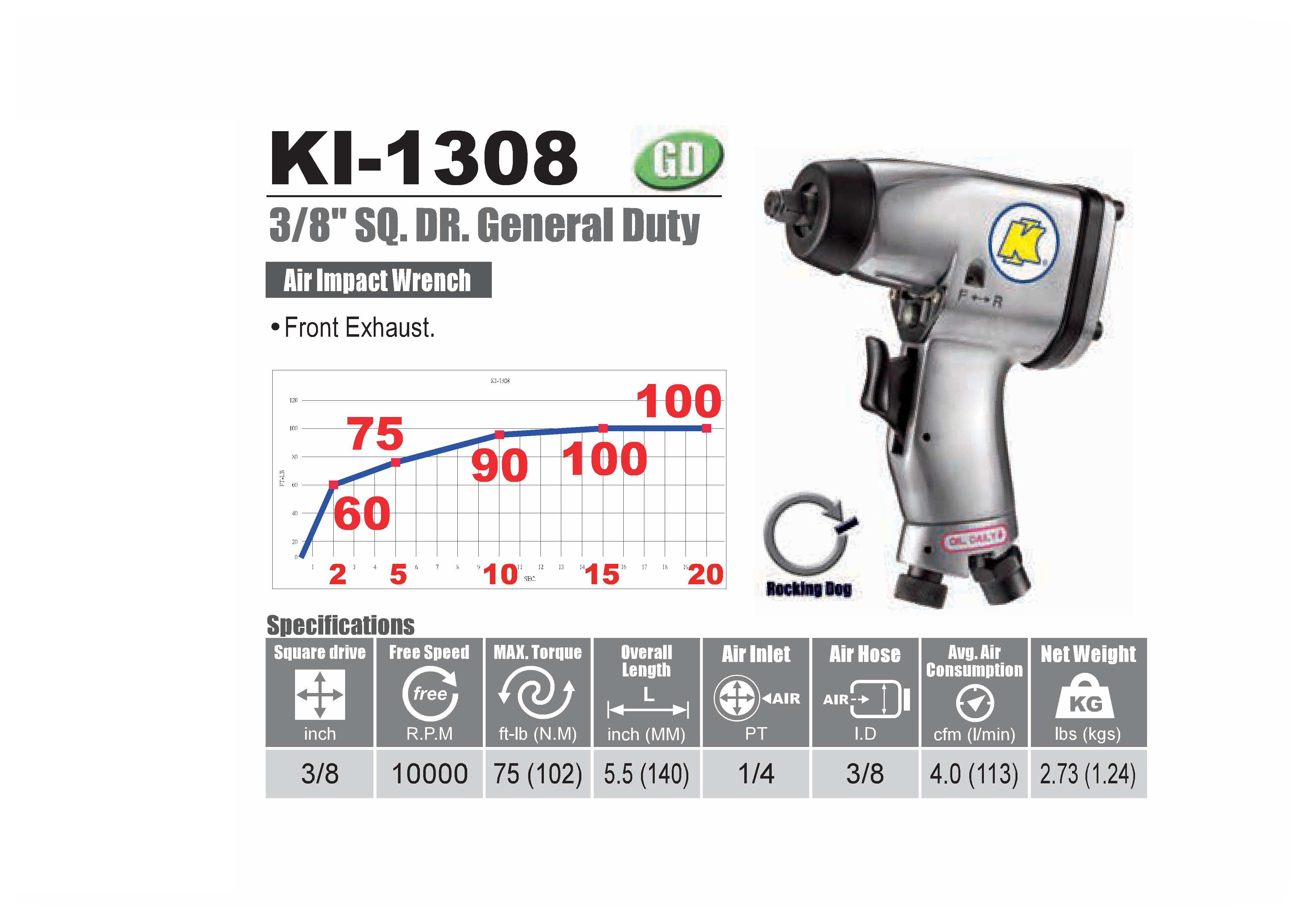 Air Impact Wrenches 3/8" SQ.DR. / บ็อกลมแบบกระแทก ขนาด 3/8 นิ้ว KUANI Model : KI-1308 / Bolt Size : M10 [General Duty]