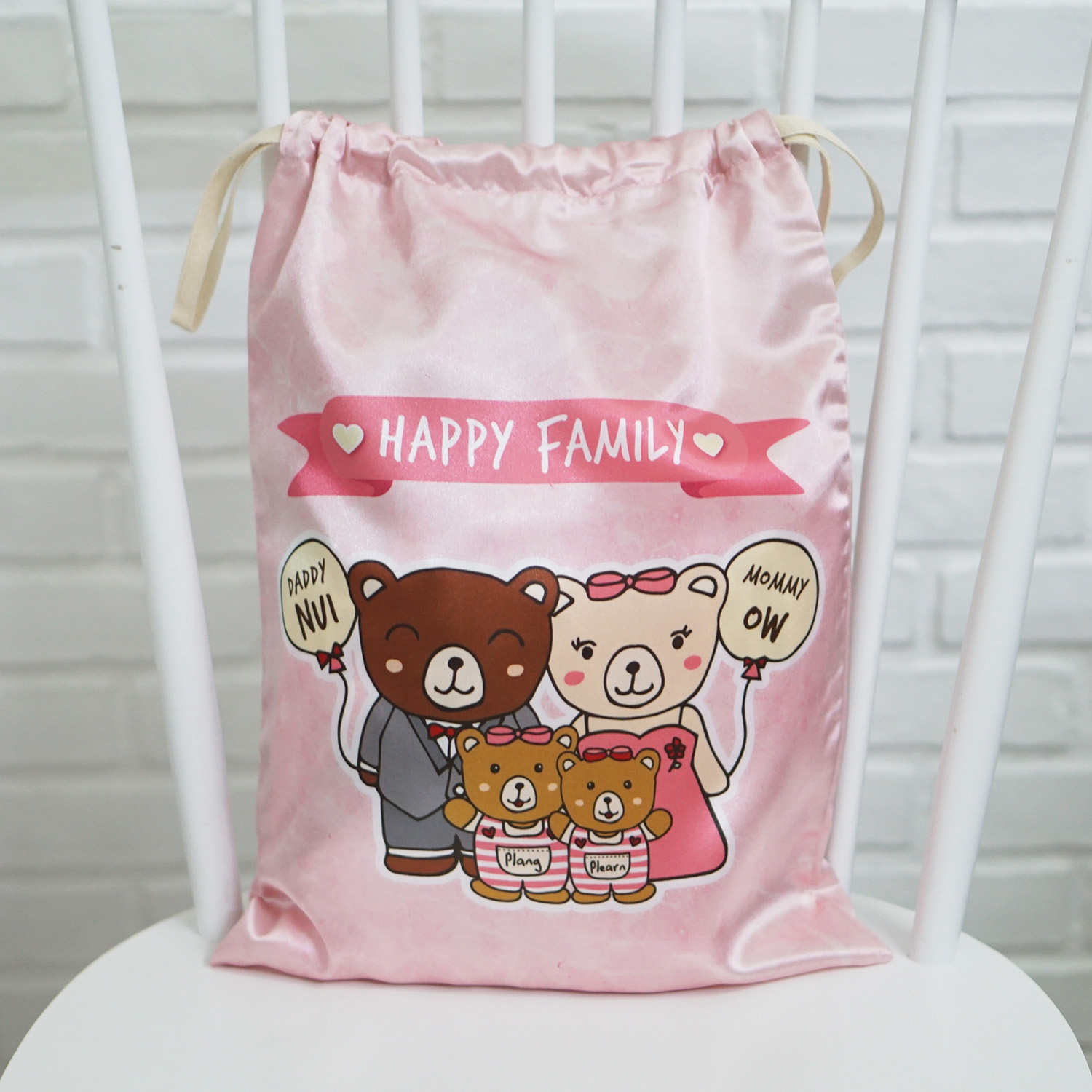 ถุงผ้าซาติน ไซส์ L สั่งทำใส่ชื่อ - Teddy Family - Pink Marble