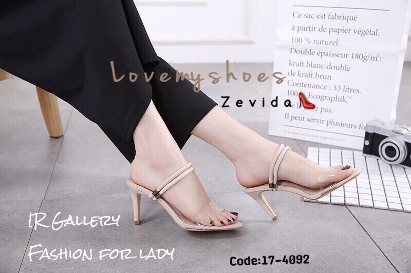 รองเท้าส้นสูงเปิดส้นแต่งสายคาดใส (สีชมพู)