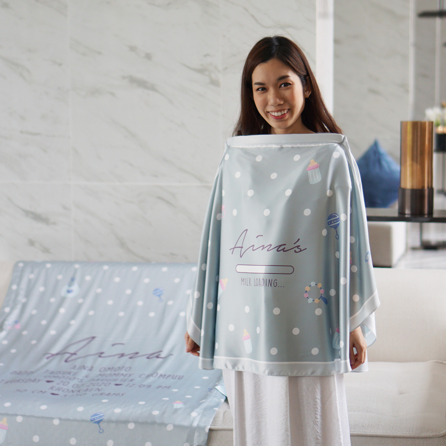 ผ้าคลุมให้นม สั่งทำใส่ชือ ลาย Polka Dot - Milk - Green