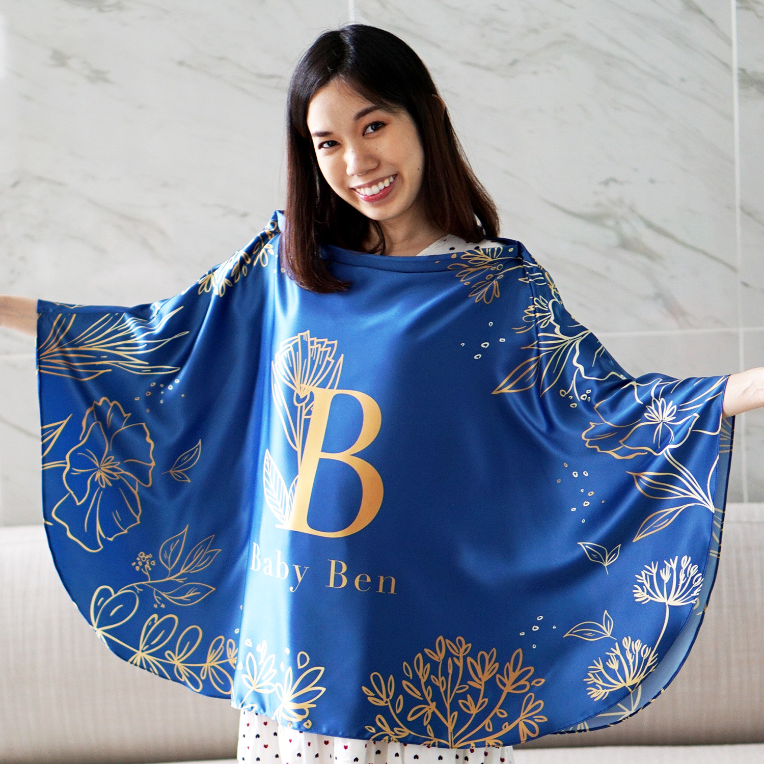 ผ้าคลุมให้นม สั่งทำใส่ชือ ลาย Botanical - Dark Blue
