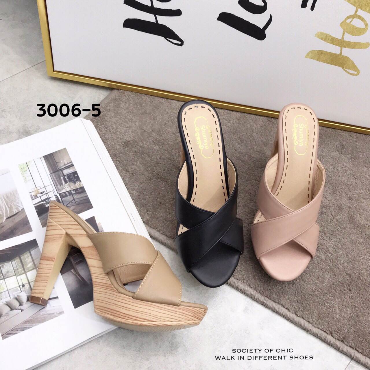 รองเท้าส้นสูงสายไข้วส้นลายไม้ (สีชมพู)