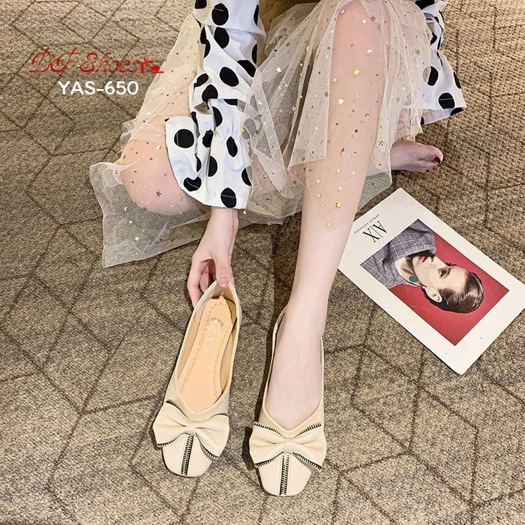 รองเท้าคัทชูส้นแบนแต่งโบว์ซิป (สีเบจ)