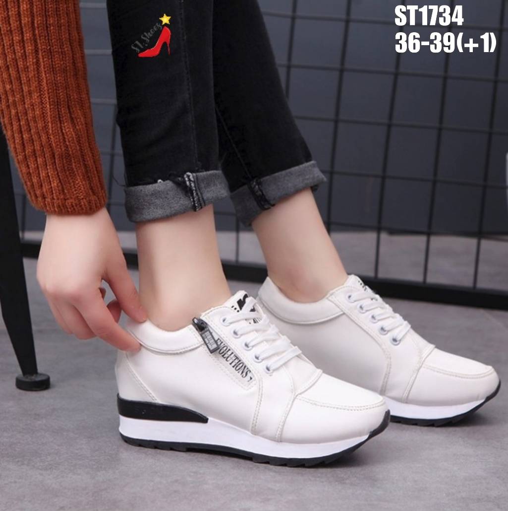 รองเท้าผ้าใบpuเสริมส้นแต่งซิป (สีขาว)