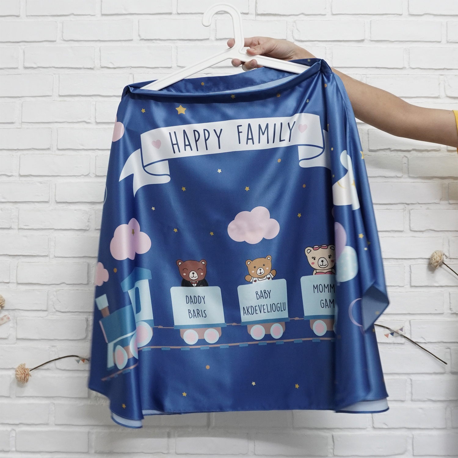 ผ้าคลุมให้นม สั่งทำใส่ชือ ลายรถไฟ Train สี Dark Blue