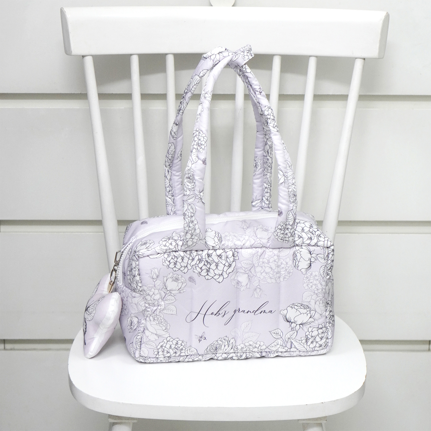 Fluffy Bowling Bag กระเป๋านุ่มนิ่ม ทรง Bowling สั่งทำใส่ข้อความ ลาย Butterfly Vintage - Lavender (ไม่รวมพวงกุญแจ)