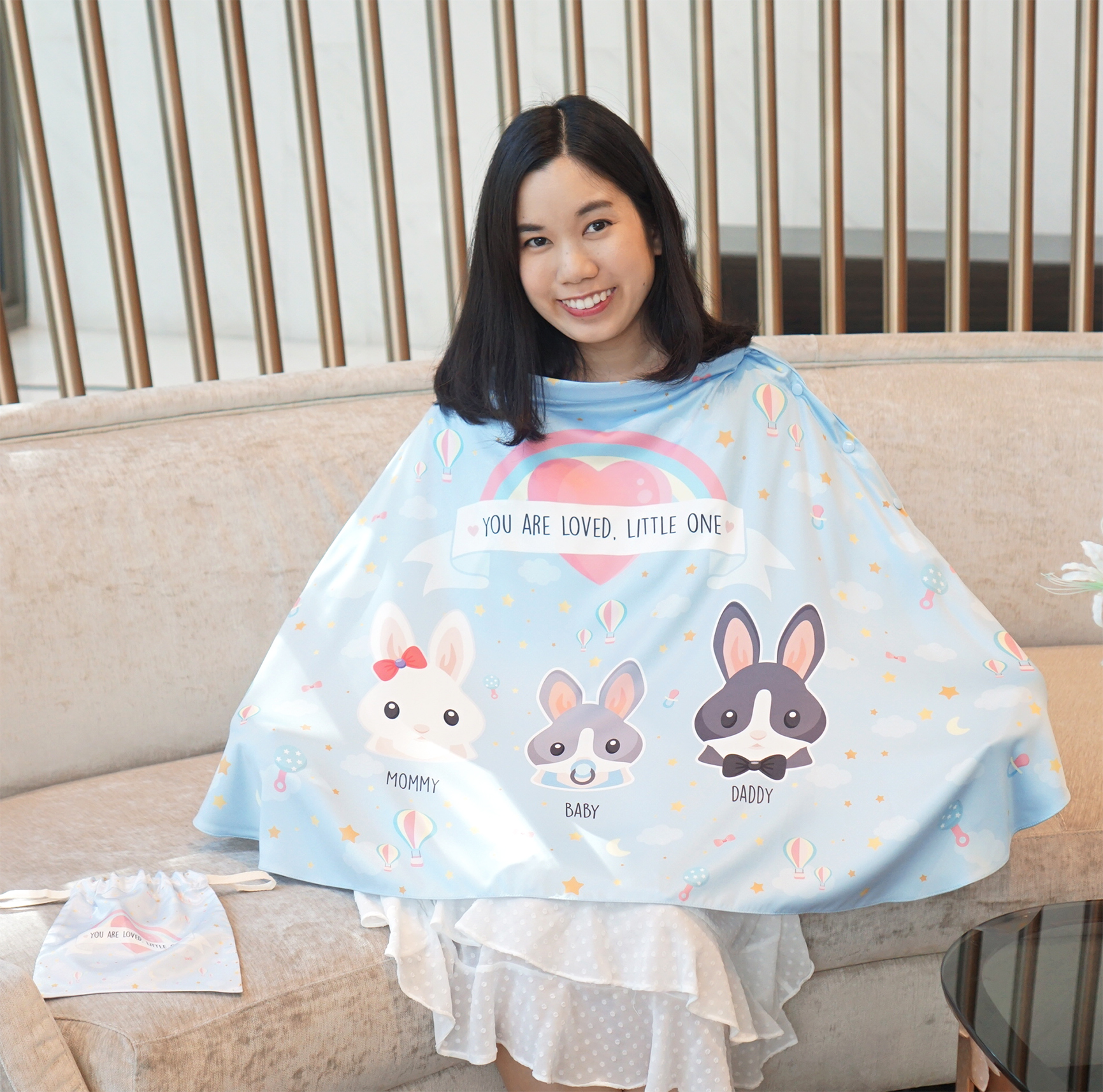 ผ้าคลุมให้นม (รุ่นมีกระดุม ถอดโครงได้) พร้อมส่ง ลาย Rabbit & Rainbow - Blue