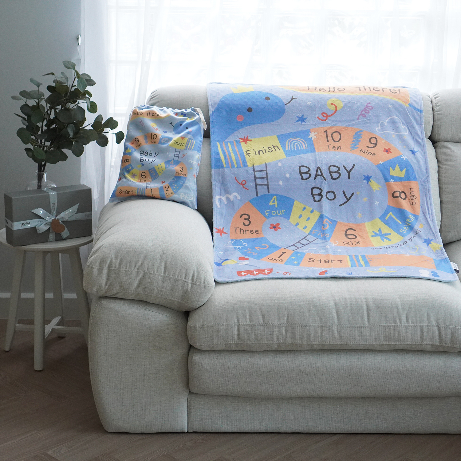 ผ้าห่ม Minky 75x100cm พร้อมส่ง ลายมังกร Snake and Ladders - Blue