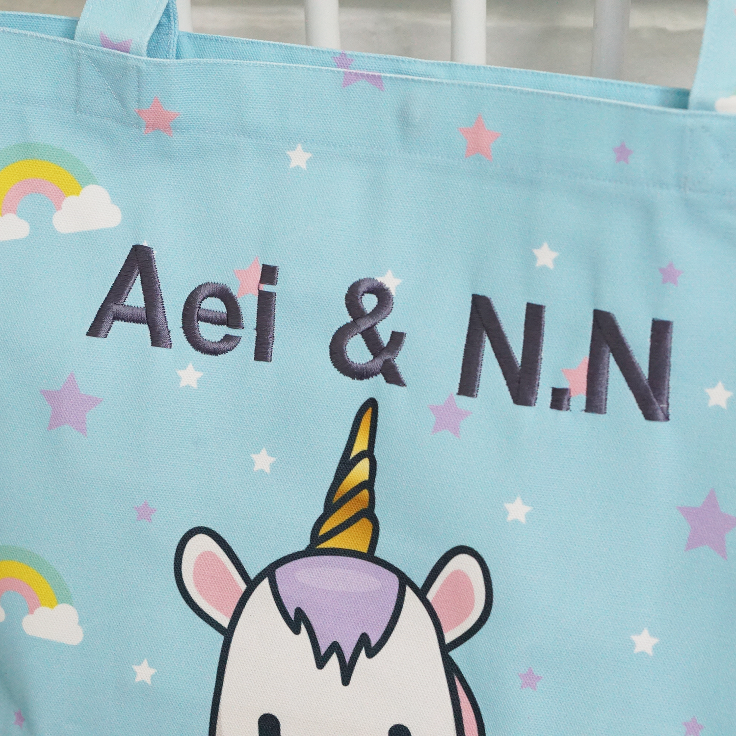 กระเป๋าผ้าแคนวาส ปักชื่อ ลาย Unicorn - Blue