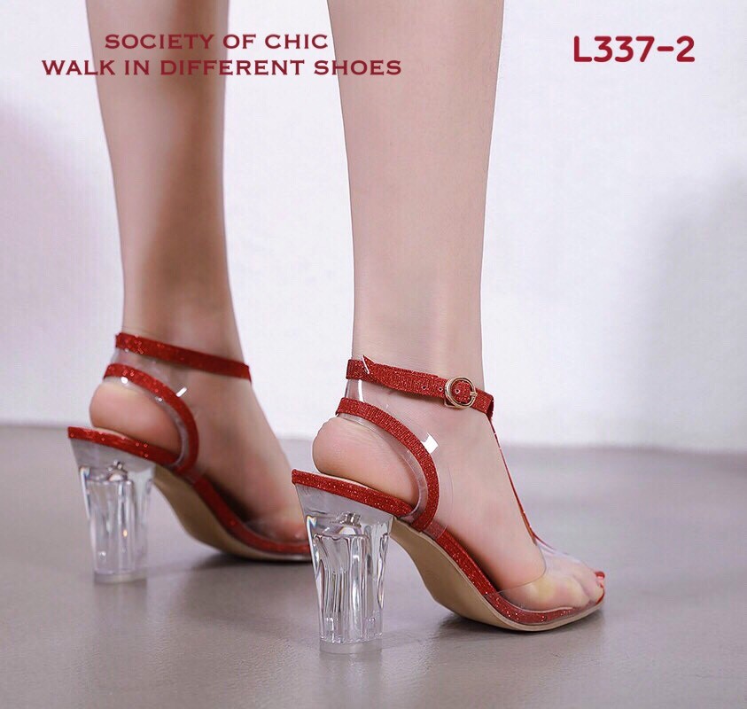 รองเท้าส้นสูง T-Strap กลิตเตอร์ (สีดำ)