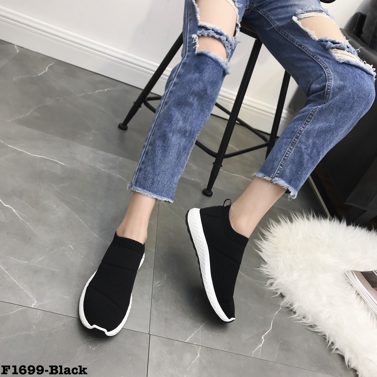 รองเท้าผ้าใบผ้าทอทรงสวมสไตล์ Sport (สีขาว)