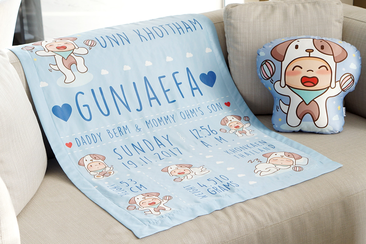 ผ้าห่มเด็ก ใส่ประวัติแรกเกิด ลายปีจอ - Puppy - Blue