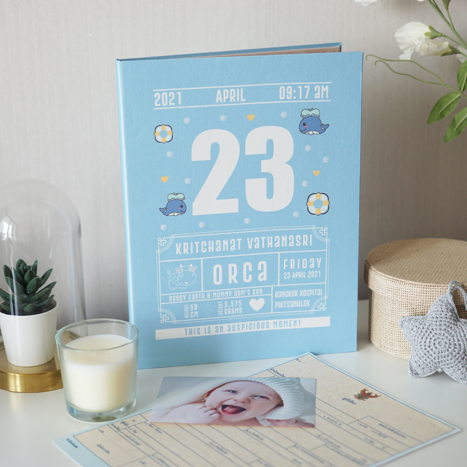 แฟ้มทะเบียนสมรส/สูติบัตร สั่งทำใส่ข้อความ ลาย Chinese Calendar - Whale - Blue