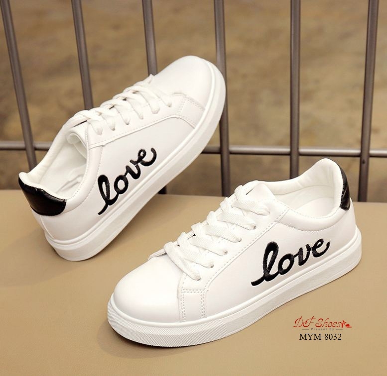 รองเท้าผ้าใบpuปักลายLove (สีชมพู)