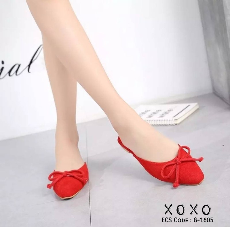 รองเท้าส้นแบนเปิดส้นแต่งโบว์ (สีแดง)