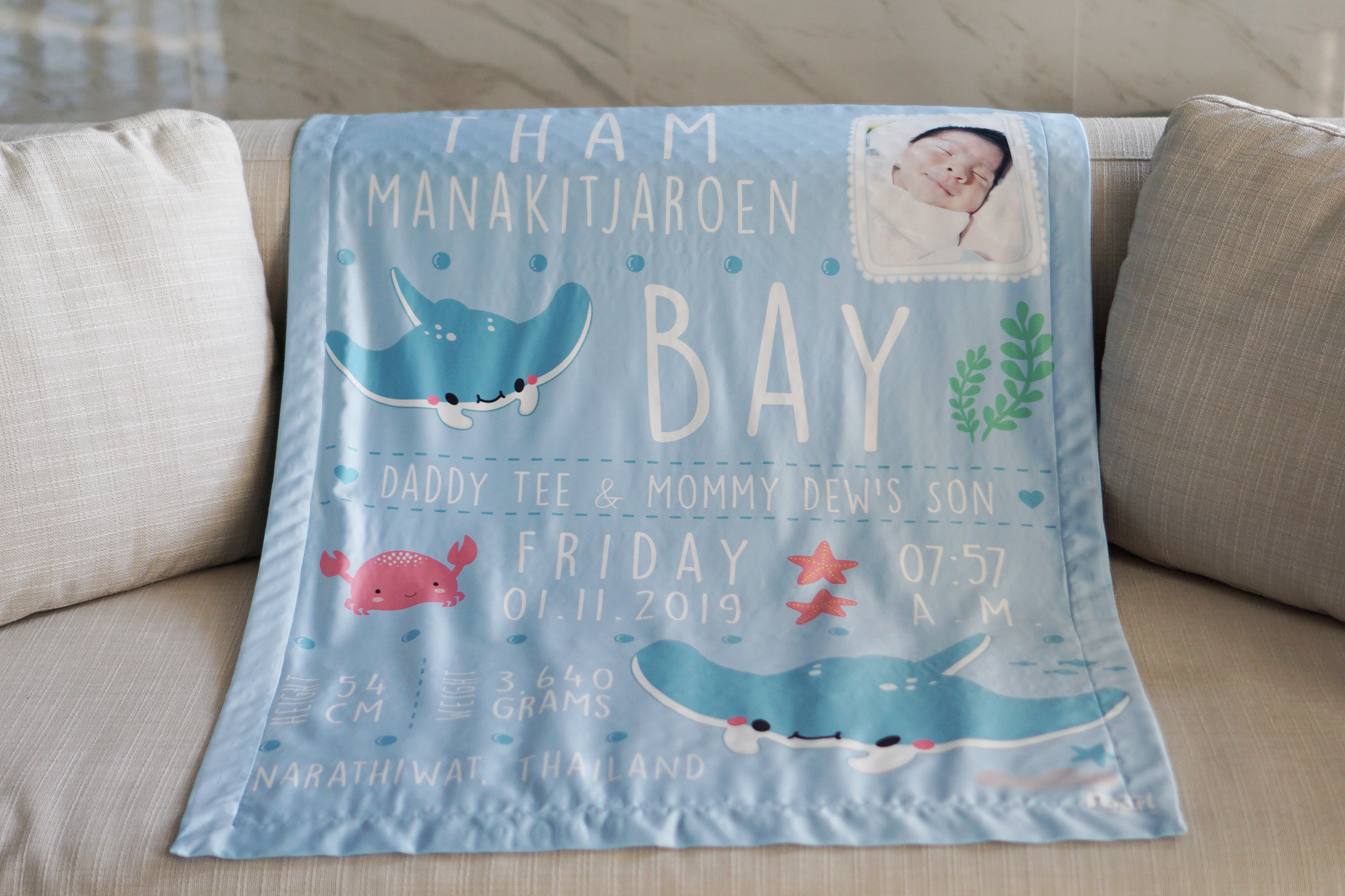 ผ้าห่มเด็ก ใส่ประวัติแรกเกิด ลายกระเบน - Mantaray - Mint + เพิ่มรูปถ่าย