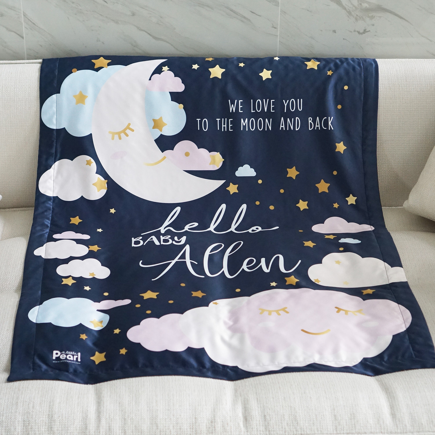 ผ้าห่ม สั่งทำใส่ชื่อ ลาย Moon - Navy