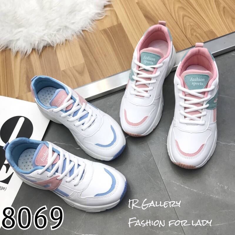 รองเท้าผ้าใบทรง Sportแต่งลายพาสเทล (สีชมพู)