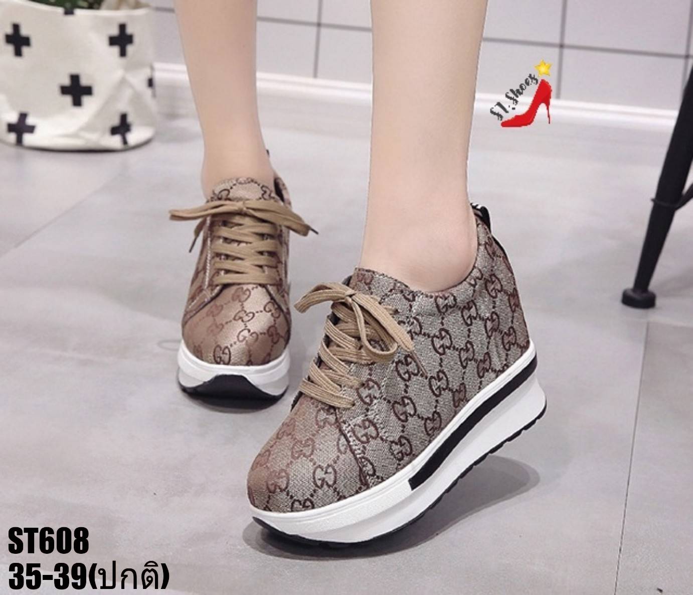 รองเท้าผ้าใบเสริมส้นแต่งลายแฟชั่น (สีน้ำตาล)