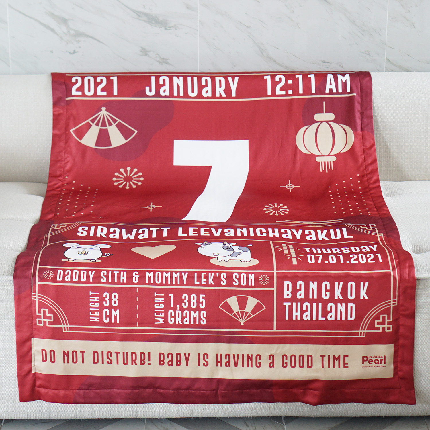 ผ้าห่ม ใส่ประวัติแรกเกิด ลาย Chinese Calendar - Cow - Red