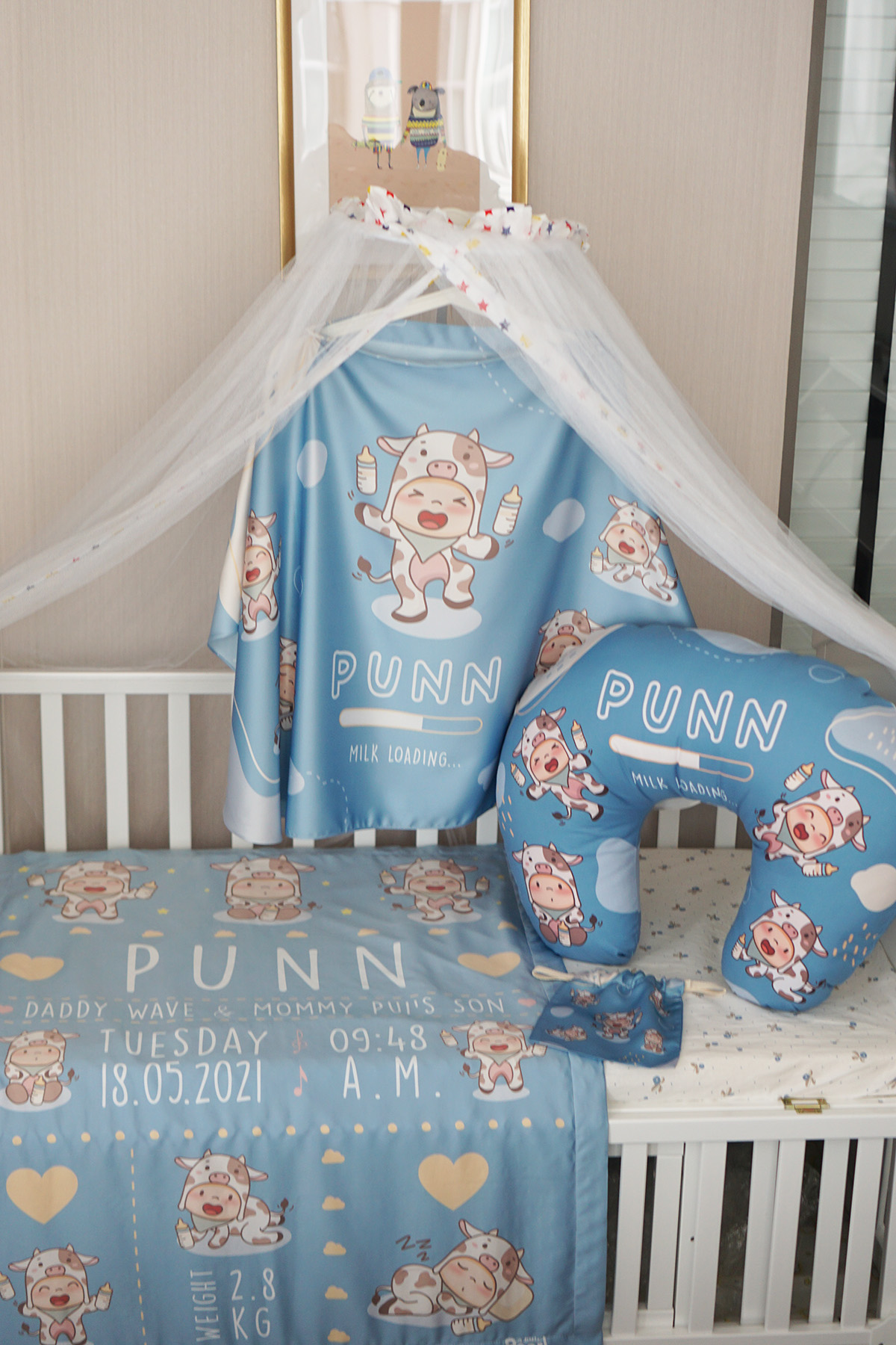 ชุดของขวัญเด็กแรกเกิด NP3 ผ้าห่ม ขนาด 75x100cm + ผ้าคลุมให้นม + หมอนรองให้นม ลาย Cow2 - Blue