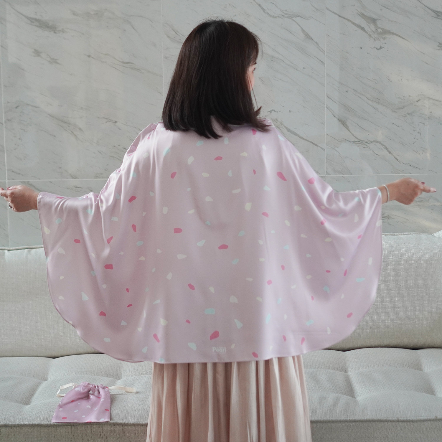 ผ้าคลุมให้นม (รุ่นมีกระดุม ถอดโครงได้) พร้อมส่ง ลาย Terrazzo - Pink
