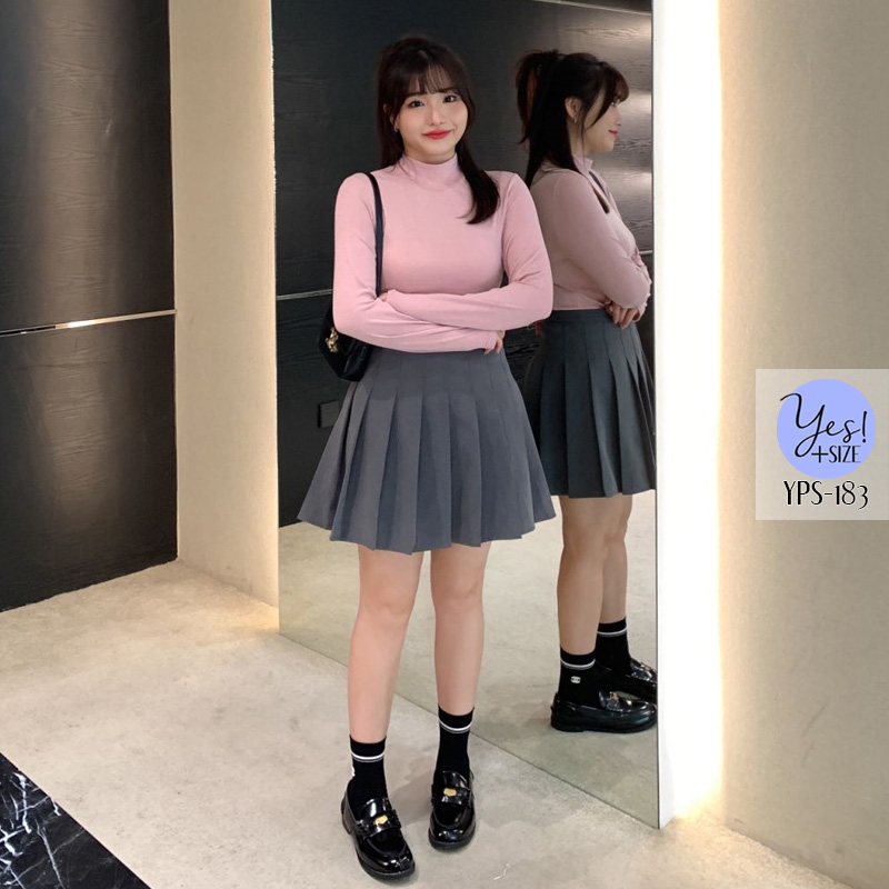 กระโปรงสาวอวบ เอวถึง 42 นิ้ว กระโปรงเทนนิส กระโปรงพลีทสั้น เอวสูง อัดจีบรอบตัว สีเทา/ดำ YPS-183