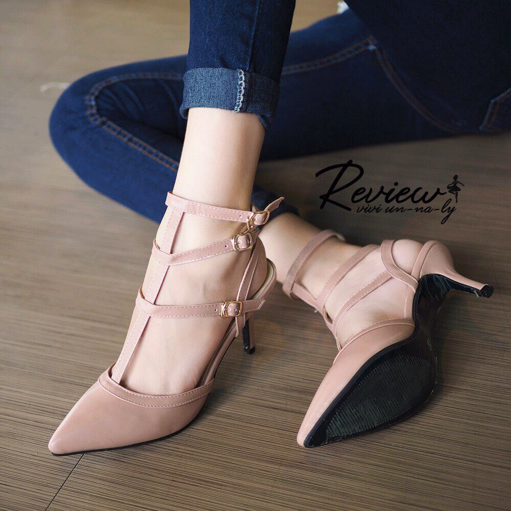 รองเท้าส้นสูงรัดข้อ3ชั้น Style Valentino (สีชมพูนู้ด)