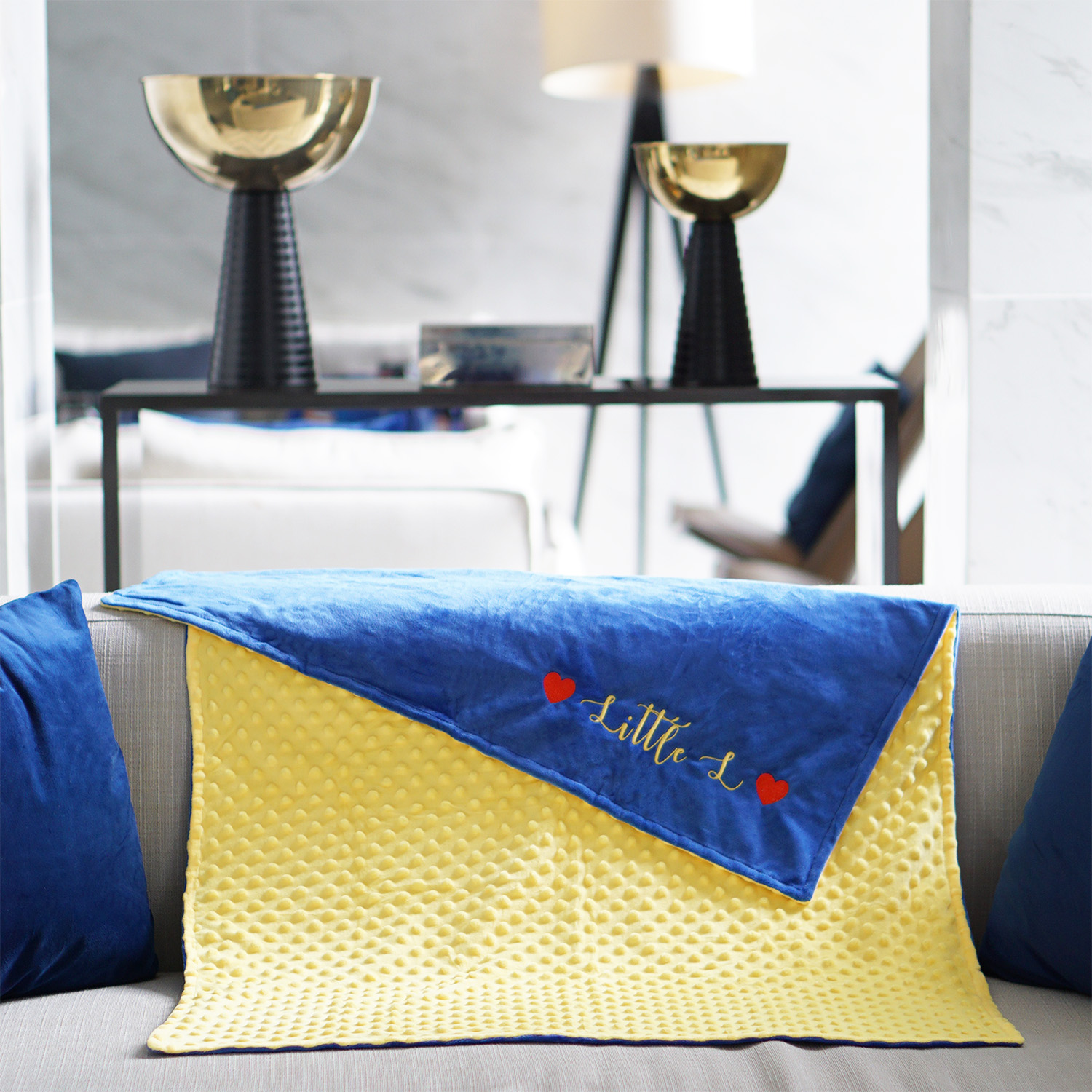 ผ้าห่ม Minky - สี Lemon-Navy 75x100cm แบบปักชื่อ+icon - Hearts