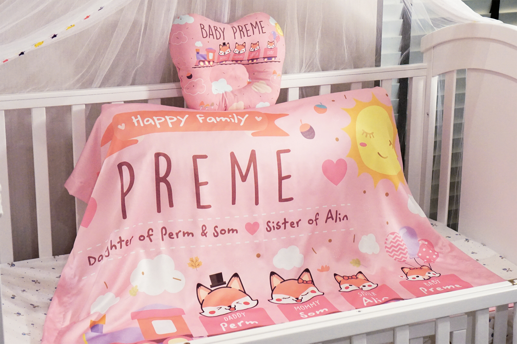ชุดของขวัญเด็กแรกเกิด หมอนหลุม + ผ้าห่มขนาด 75x100cm ลาย Train with Fox - Pink