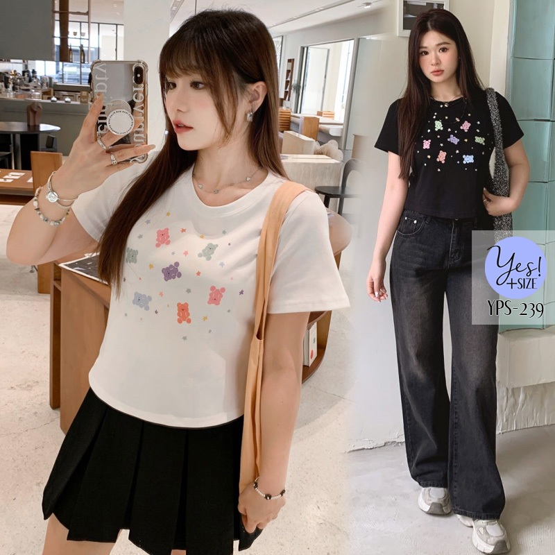 เสื้อยืดแขนสั้นสาวอวบ อก 37-50 นิ้ว เสื้อยืด baby tee ลายหมีน้อยกลิตเตอร์วิ้งๆ สีขาว/ดำ YPS-239