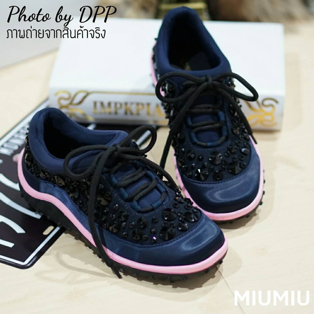 พร้อมส่ง : รองเท้าผ้าใบ MIUMIU Jeweled Satin Lace-Up Sneaker (สีกรม)