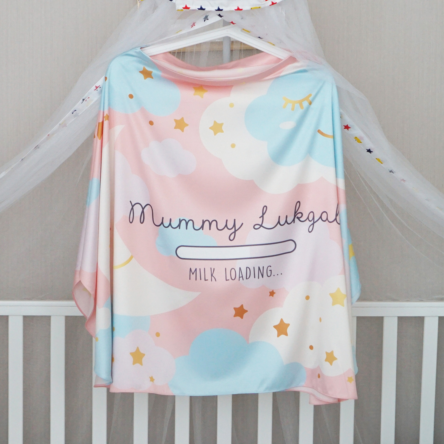 ผ้าคลุมให้นม 3in1 (รุ่นมีกระดุม ถอดโครงได้) แบบสั่งทำใส่ชื่อ ลาย Moon - Peach