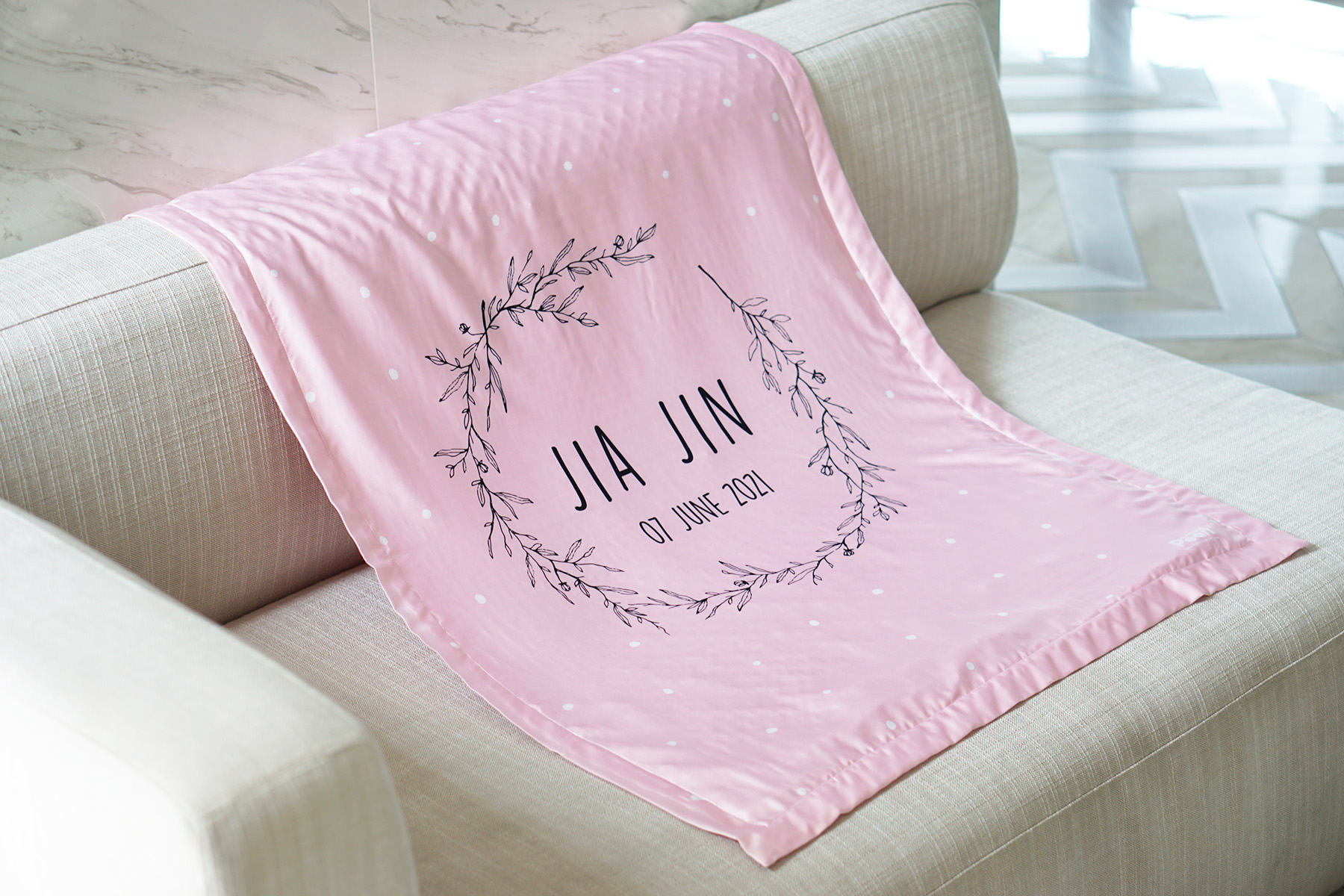 ผ้าห่มสั่งทำใส่ชื่อ Leaves Frame - Pink