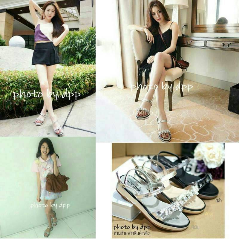 พร้อมส่ง : รองเท้าแตะเสริมส้น MIUMIU (สีทอง)