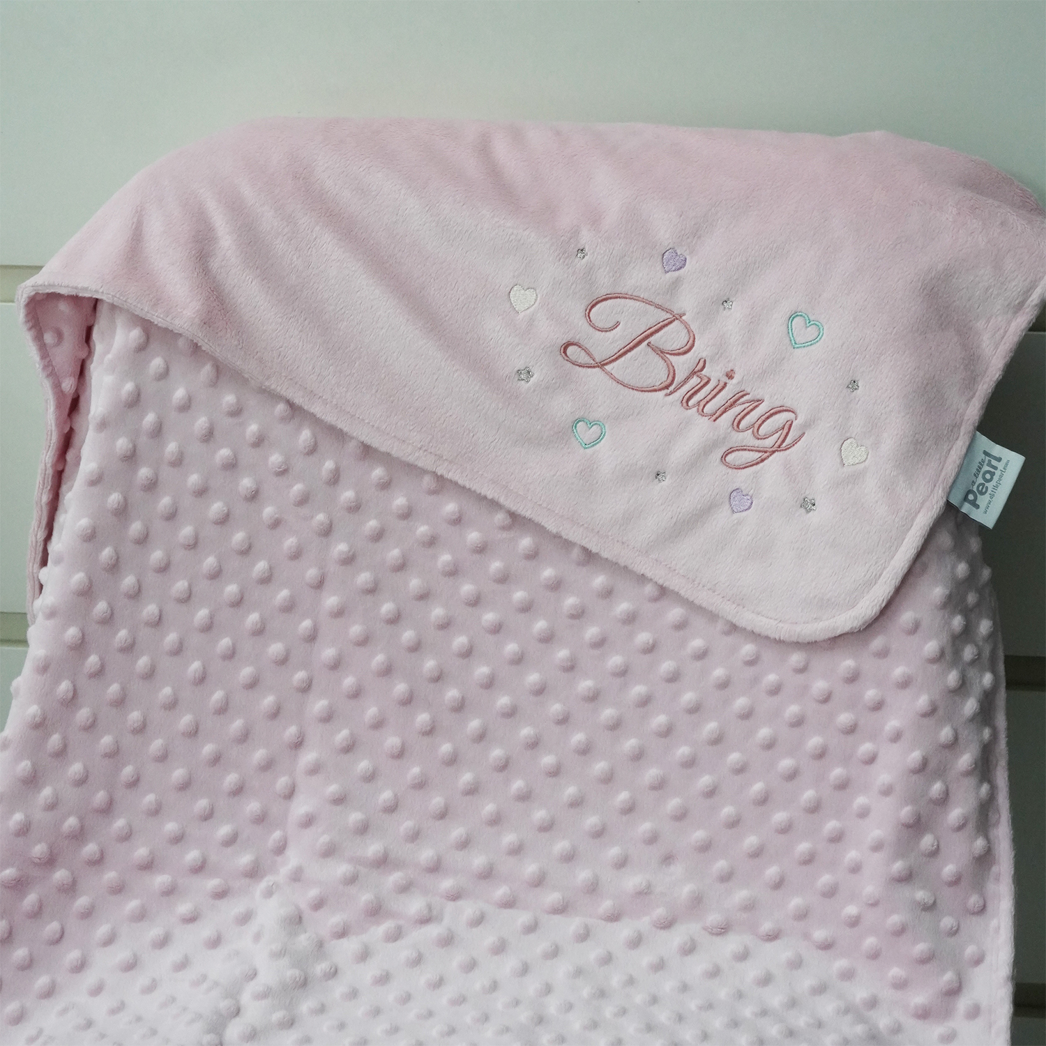 ผ้าห่ม Minky - สีชมพู 75x100cm แบบปักชื่อ+icon - Hearts
